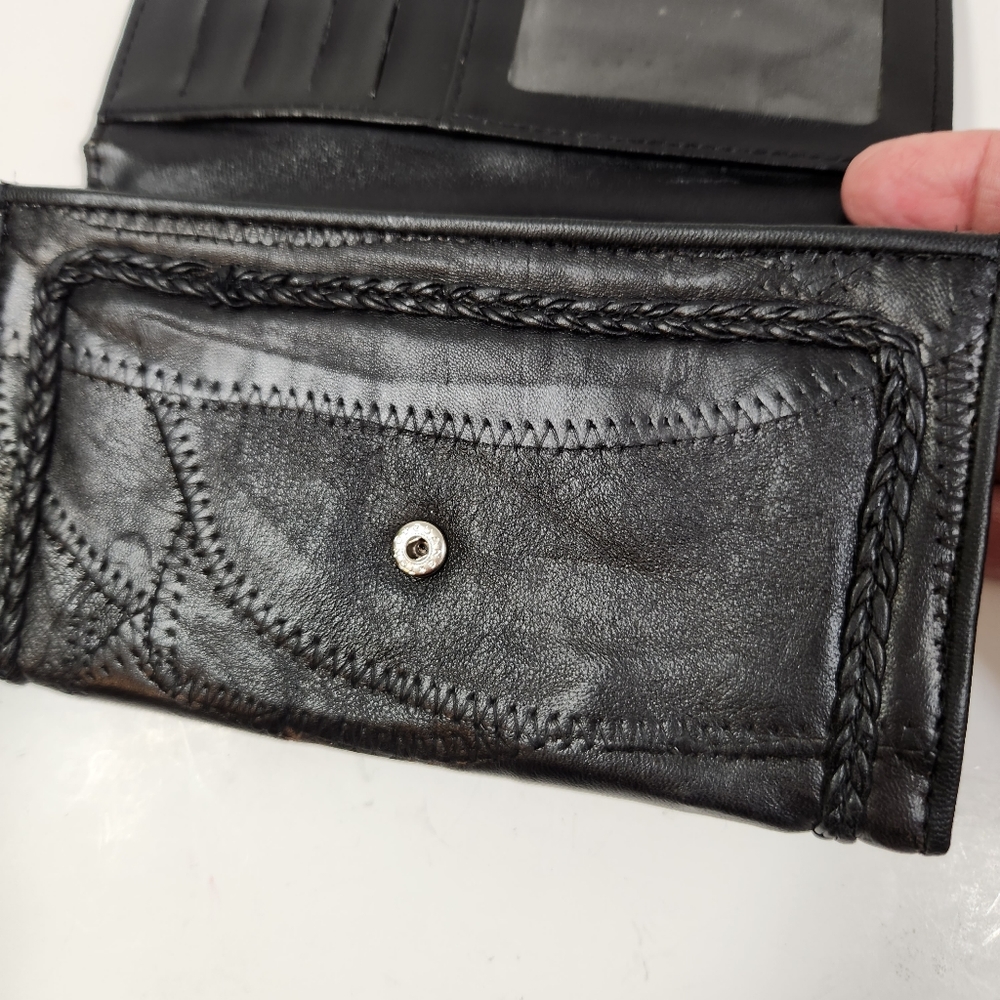 Black Leather Envelope Patchwork Wallet Silver He… - image 7